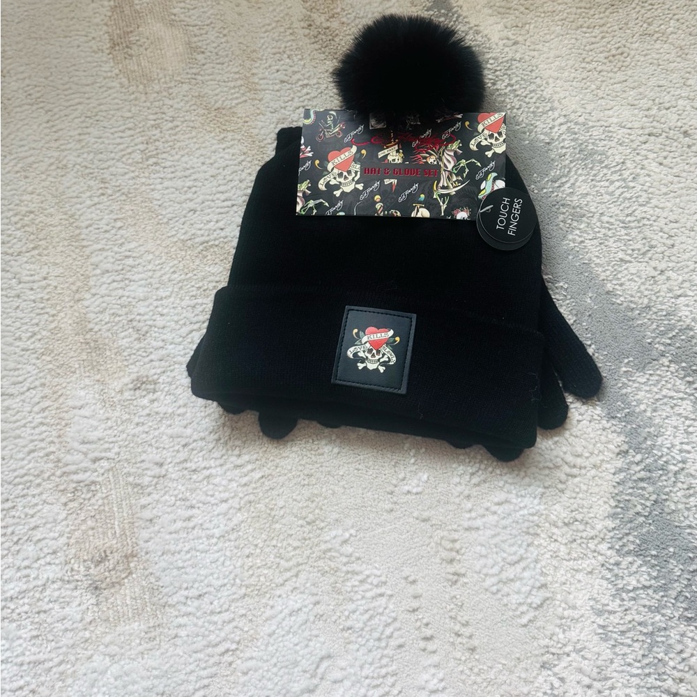 Ed Hardy Black Pom-Pom Hat and Gloves Set NWT